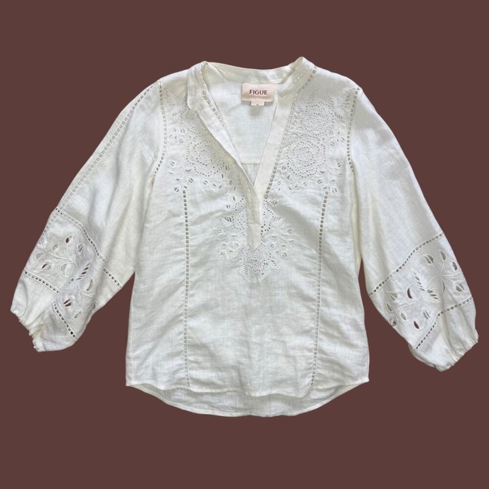 Figue Rylie Linen Floral Lace Cutouts Creamy White Top XS - Picture 7 of 11